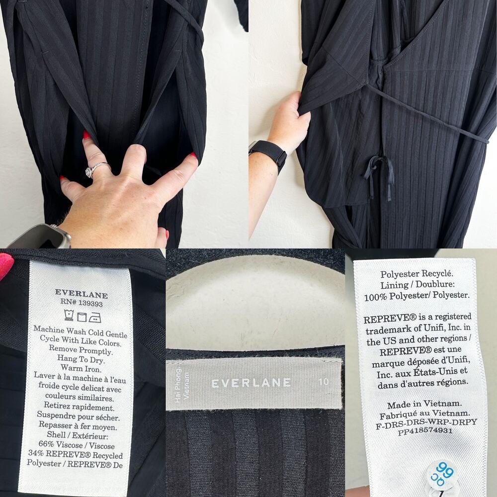 NWOT Everlane The City Stripe Puff Sleeve Black Ribbed Midi Wrap Dress 10 - Picture 12 of 15